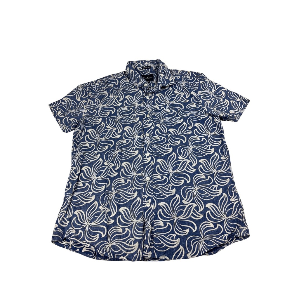 American Eagle Mens Blue White Floral  Short Sleeve Button Down Shirt Size M